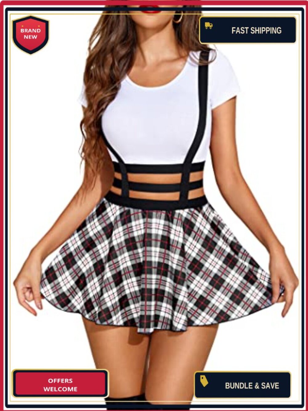 Pleated Suspender Skirt High Waist A-Line Mini
